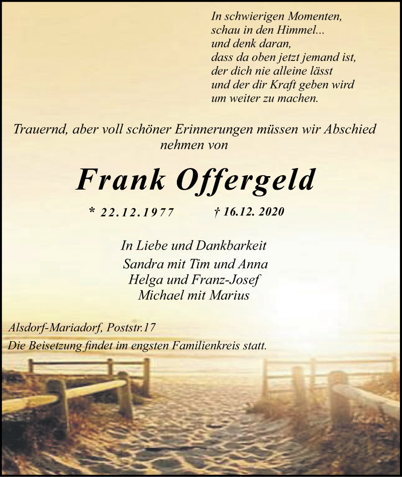  Traueranzeige für Frank Offergeld vom 27.12.2020 aus Zeitung am Sonntag
