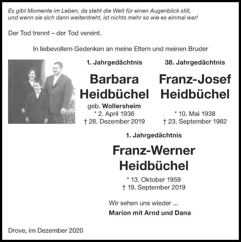  Traueranzeige für Franz-Josef Heidbüchel vom 27.12.2020 aus Zeitung am Sonntag