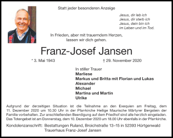 Traueranzeige von Franz-Josef Jansen von Aachener Zeitung / Aachener Nachrichten