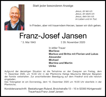 Traueranzeige von Franz-Josef Jansen von Zeitung am Sonntag