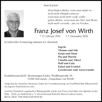Traueranzeige von Franz Josef von Wirth von Zeitung am Sonntag