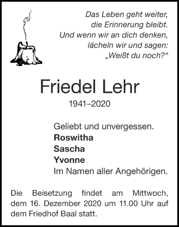 Traueranzeige von Friedel Lehr von Zeitung am Sonntag