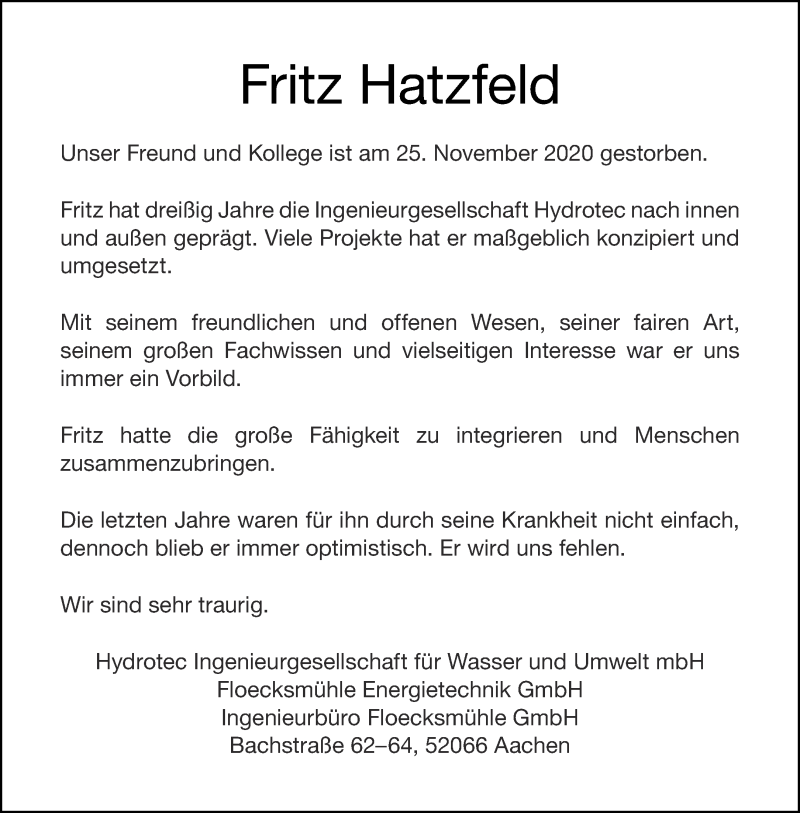  Traueranzeige für Fritz Hatzfeld vom 05.12.2020 aus Aachener Zeitung / Aachener Nachrichten