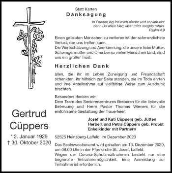 Traueranzeige von Gertrud Cüppers von Zeitung am Sonntag