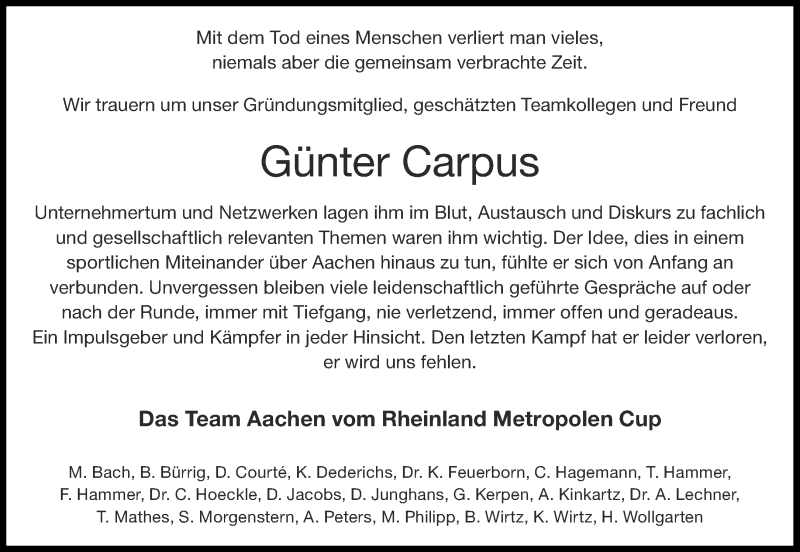  Traueranzeige für Günter Carpus vom 24.12.2020 aus Aachener Zeitung / Aachener Nachrichten