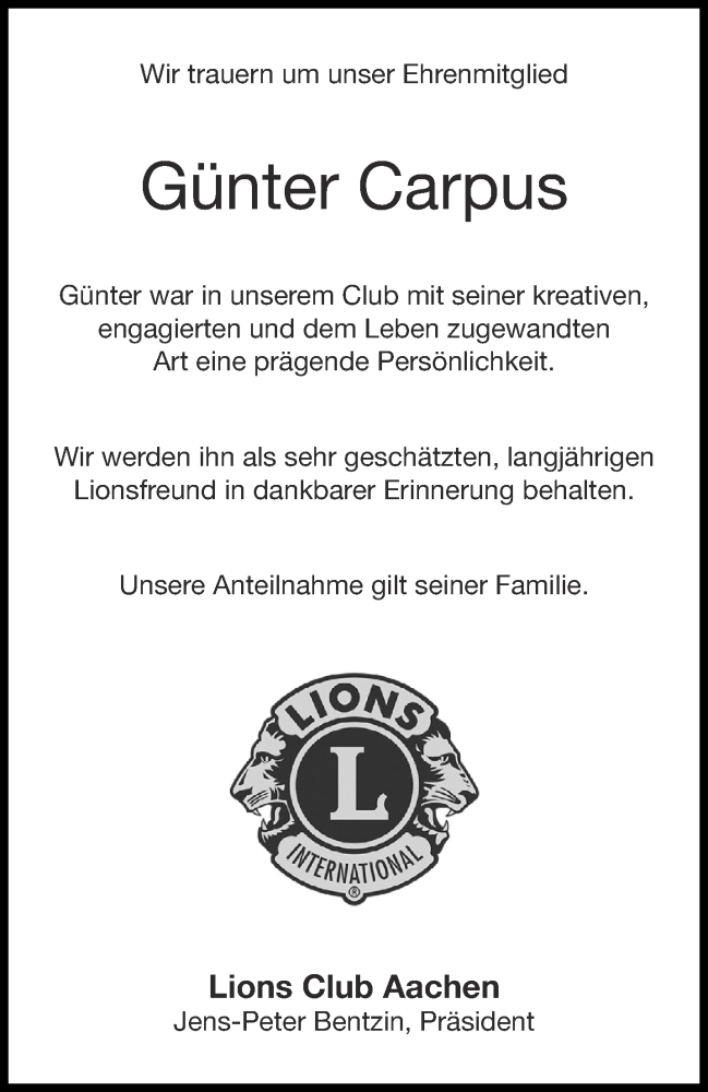  Traueranzeige für Günter Carpus vom 24.12.2020 aus Aachener Zeitung / Aachener Nachrichten