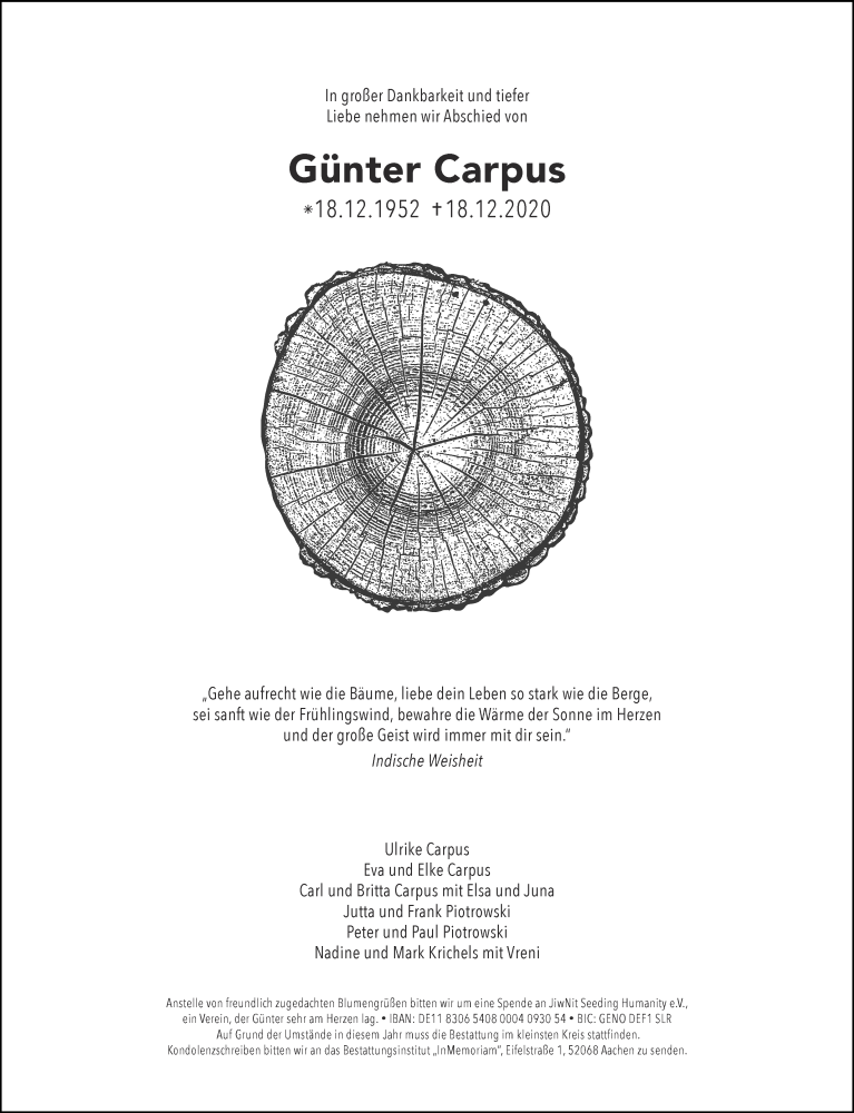  Traueranzeige für Günter Carpus vom 24.12.2020 aus Aachener Zeitung / Aachener Nachrichten