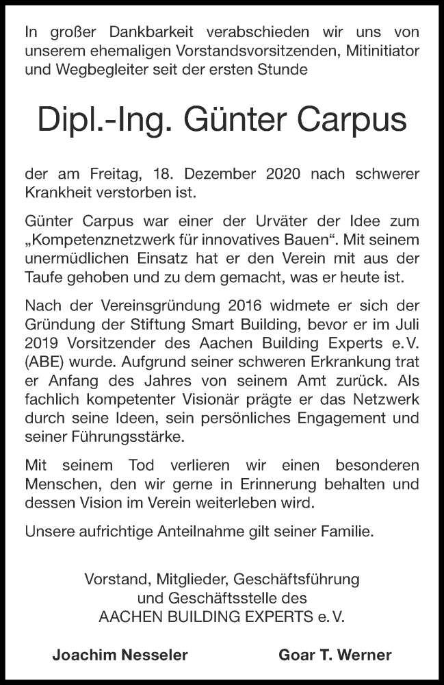  Traueranzeige für Günter Carpus vom 24.12.2020 aus Aachener Zeitung / Aachener Nachrichten