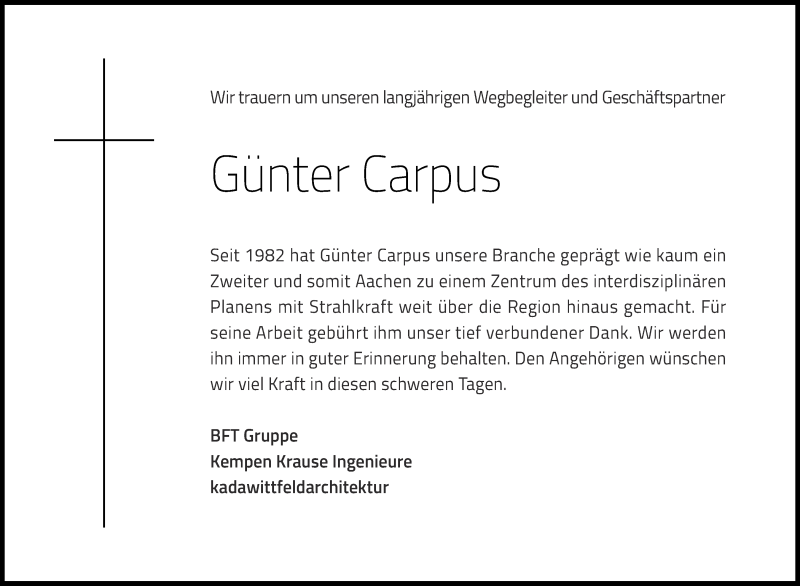  Traueranzeige für Günter Carpus vom 24.12.2020 aus Aachener Zeitung / Aachener Nachrichten