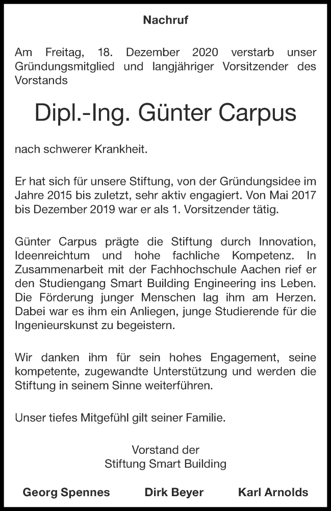  Traueranzeige für Günter Carpus vom 24.12.2020 aus Aachener Zeitung / Aachener Nachrichten