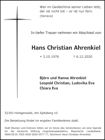 Traueranzeige von Hans Christian Ahrenkiel von Zeitung am Sonntag
