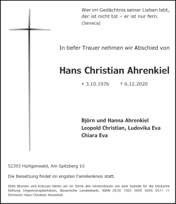 Traueranzeige von Hans Christian Ahrenkiel von Aachener Zeitung / Aachener Nachrichten