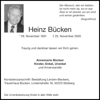 Traueranzeige von Heinz Bücken von Zeitung am Sonntag
