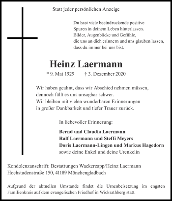 Traueranzeige von Heinz Laermann von Zeitung am Sonntag