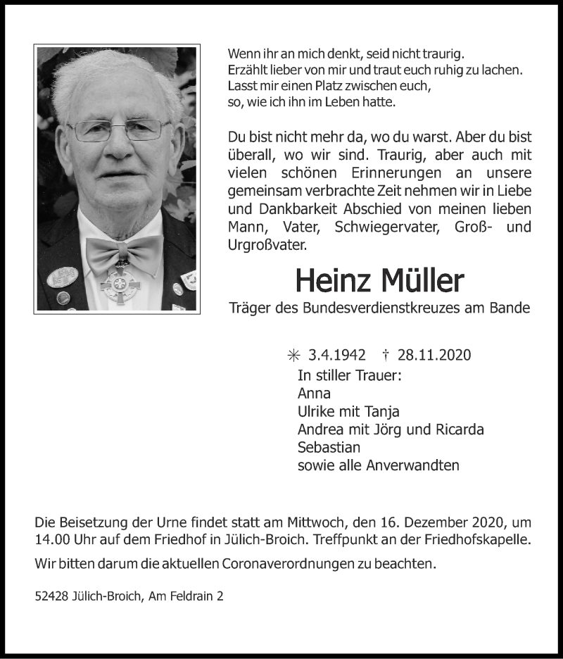  Traueranzeige für Heinz Müller vom 13.12.2020 aus Zeitung am Sonntag