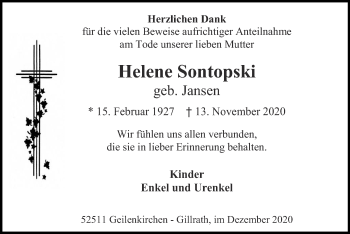 Traueranzeige von Helene Sontopski von Zeitung am Sonntag