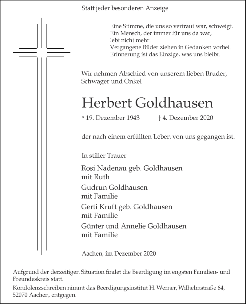 Traueranzeigen von Herbert Goldhausen Aachen gedenkt