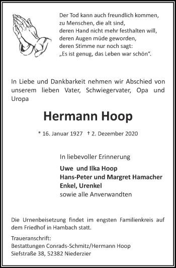 Traueranzeige von Hermann Hoop von Zeitung am Sonntag