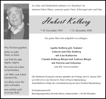Traueranzeige von Hubert Kolberg von Zeitung am Sonntag