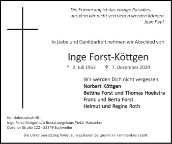 Traueranzeige von Inge Forst-Köttgen von Zeitung am Sonntag