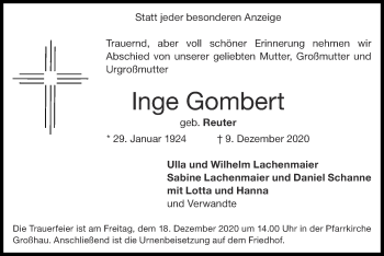 Traueranzeige von Inge Gombert von Zeitung am Sonntag