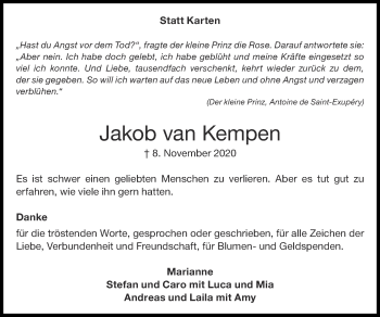 Traueranzeige von Jakob van Kempen von Zeitung am Sonntag