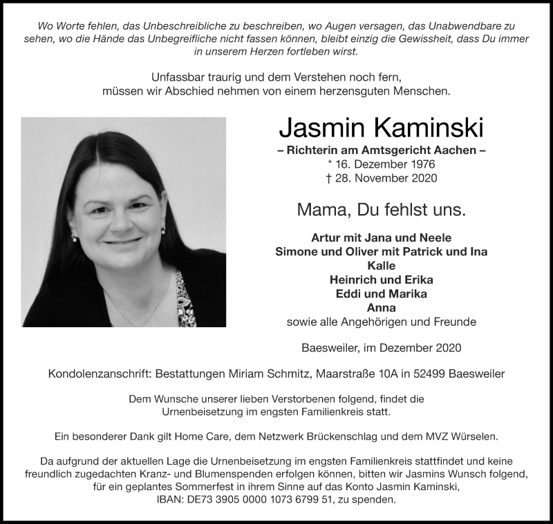  Traueranzeige für Jasmin Kaminski vom 05.12.2020 aus Aachener Zeitung / Aachener Nachrichten