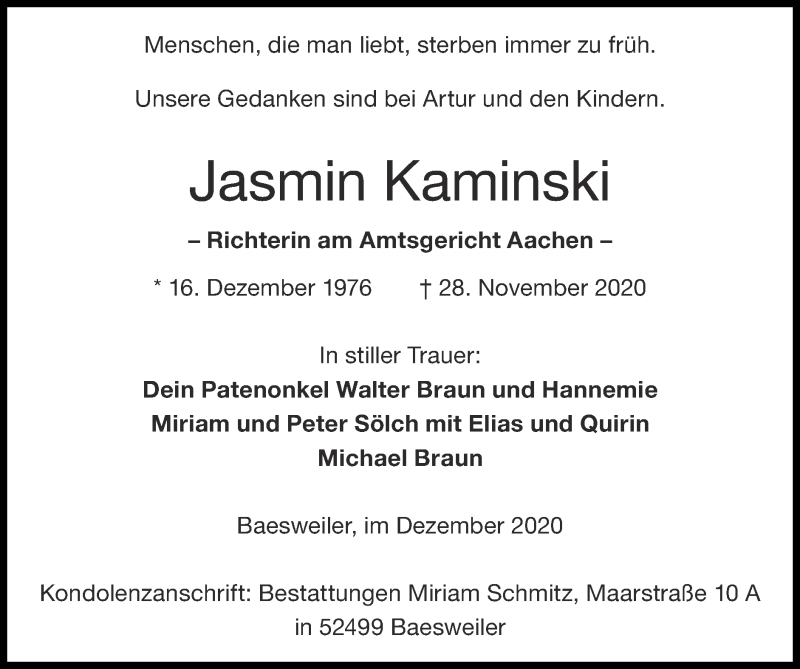  Traueranzeige für Jasmin Kaminski vom 06.12.2020 aus Zeitung am Sonntag