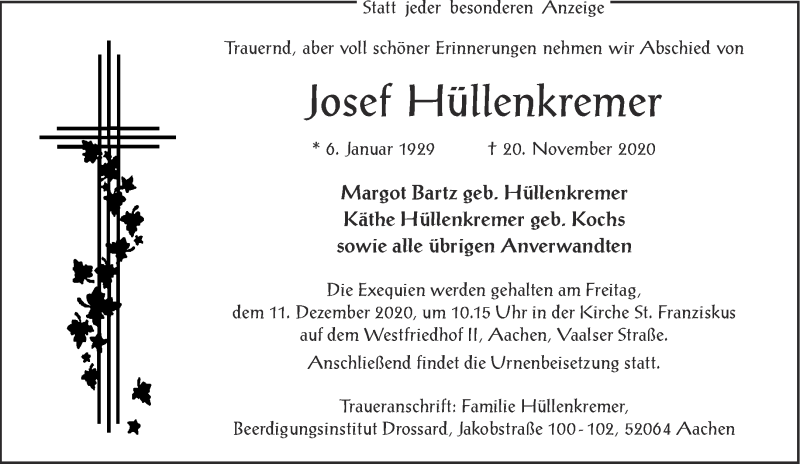  Traueranzeige für Josef Hüllenkremer vom 05.12.2020 aus Aachener Zeitung / Aachener Nachrichten