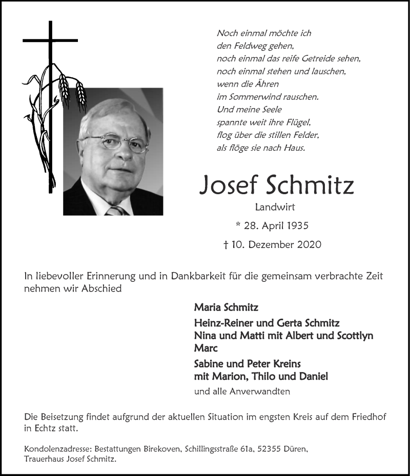  Traueranzeige für Josef Schmitz vom 12.12.2020 aus Aachener Zeitung / Aachener Nachrichten
