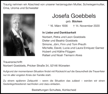 Traueranzeige von Josefa Goebbels von Aachener Zeitung / Aachener Nachrichten