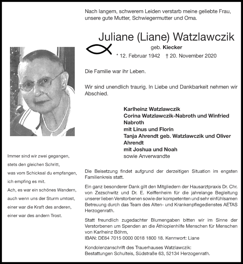  Traueranzeige für Juliane Watzlawczik vom 05.12.2020 aus Aachener Zeitung / Aachener Nachrichten