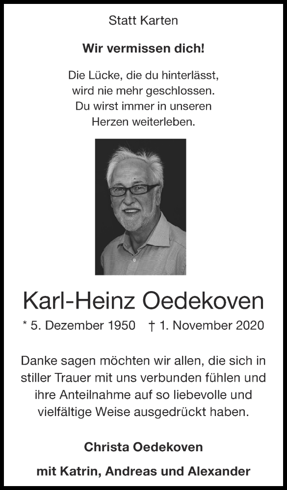  Traueranzeige für Karl-Heinz Oedekoven vom 20.12.2020 aus Zeitung am Sonntag