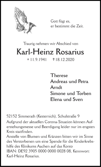 Traueranzeige von Karl-Heinz Rosarius von Zeitung am Sonntag