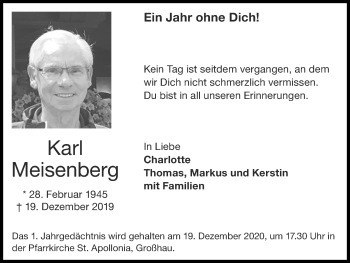 Traueranzeige von Karl Meisenberg von Zeitung am Sonntag