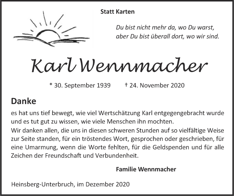  Traueranzeige für Karl Wennmacher vom 20.12.2020 aus Zeitung am Sonntag