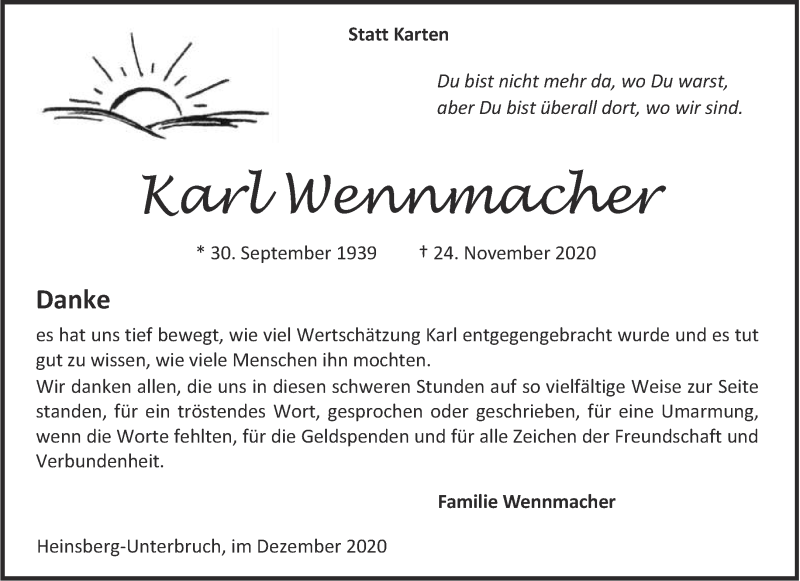  Traueranzeige für Karl Wennmacher vom 19.12.2020 aus Aachener Zeitung / Aachener Nachrichten