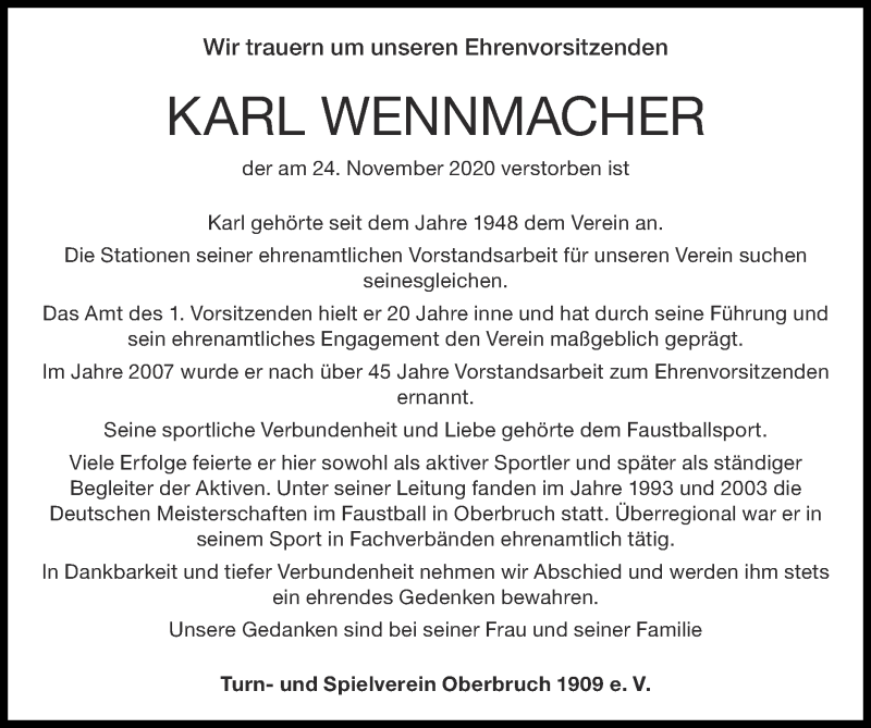  Traueranzeige für Karl Wennmacher vom 06.12.2020 aus Zeitung am Sonntag