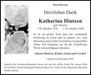 Traueranzeige von Katharina Hintzen von Zeitung am Sonntag