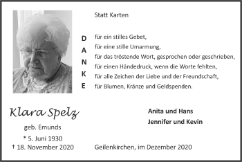 Traueranzeige von Klara Spelz von Zeitung am Sonntag