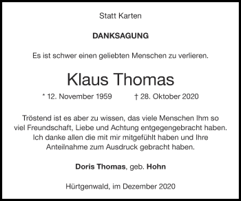 Traueranzeige von Klaus Thomas von Zeitung am Sonntag