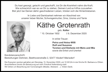 Traueranzeige von Käthe Grotenrath von Zeitung am Sonntag
