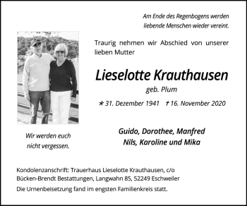 Traueranzeige von Lieselotte Krauthausen von Zeitung am Sonntag
