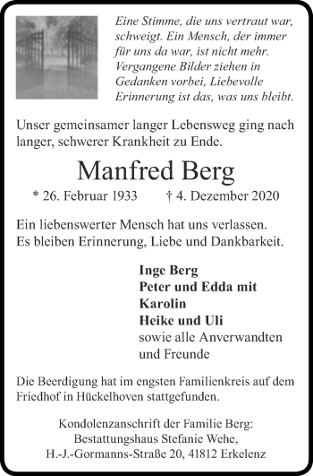 Traueranzeige von Manfred Berg von Zeitung am Sonntag
