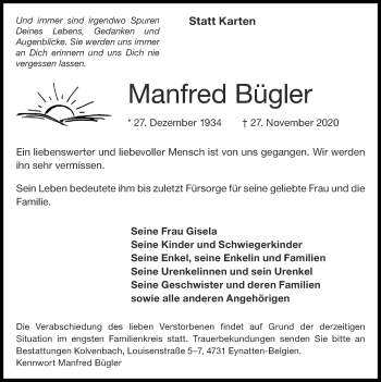 Traueranzeige von Manfred Bügler von Zeitung am Sonntag
