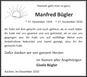 Traueranzeige von Manfred Bügler von Zeitung am Sonntag