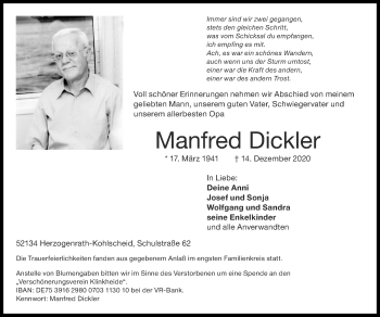 Traueranzeige von Manfred Dickler von Zeitung am Sonntag
