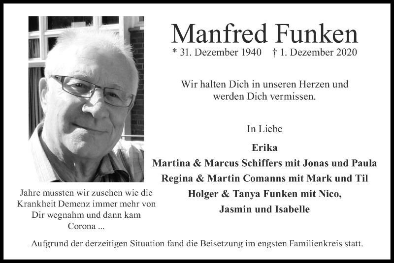  Traueranzeige für Manfred Funken vom 13.12.2020 aus Zeitung am Sonntag