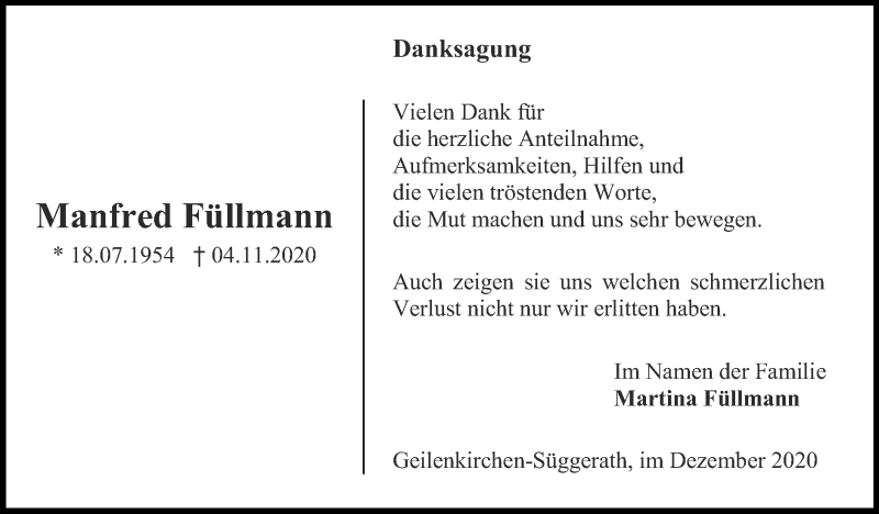  Traueranzeige für Manfred Füllmann vom 20.12.2020 aus Zeitung am Sonntag