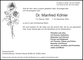 Traueranzeige von Manfred Köhler von Aachener Zeitung / Aachener Nachrichten